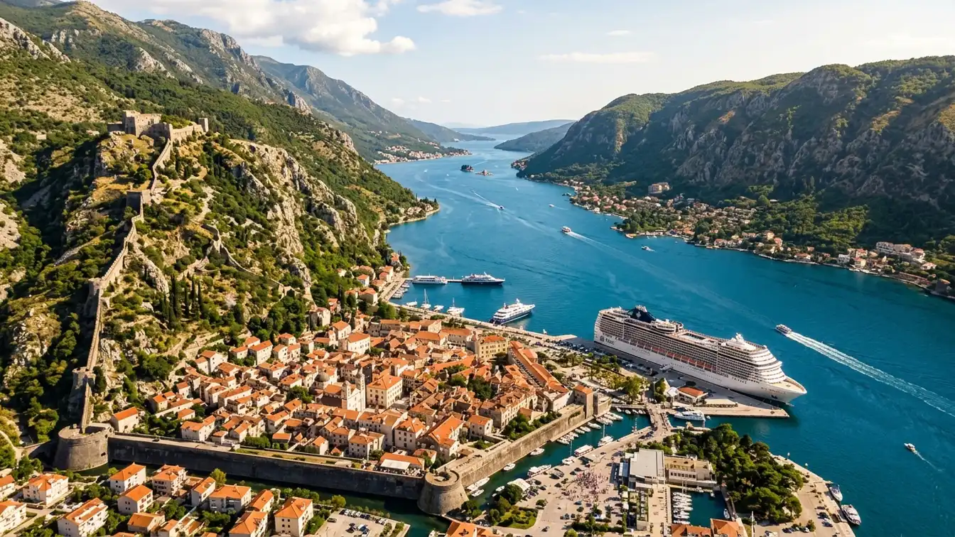 Kotor Bay with cruise ship and old town