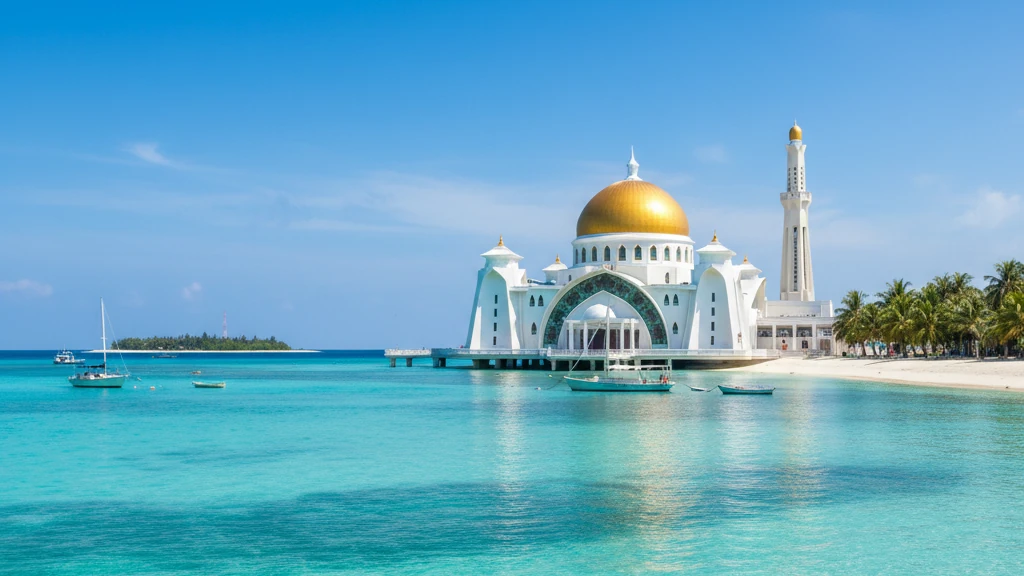 Malé's Grand Friday Mosque with golden dome gleaming against turquoise Indian Ocean waters.