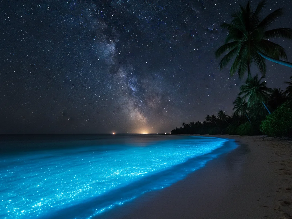 Vaadhoo Island's bioluminescent beach glowing electric blue under starlit tropical night sky.