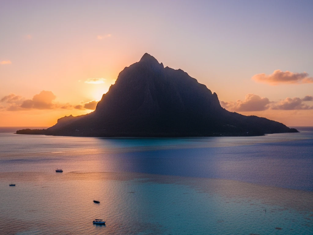 Le Morne Brabant mountain rising dramatically from turquoise lagoon waters at sunset.