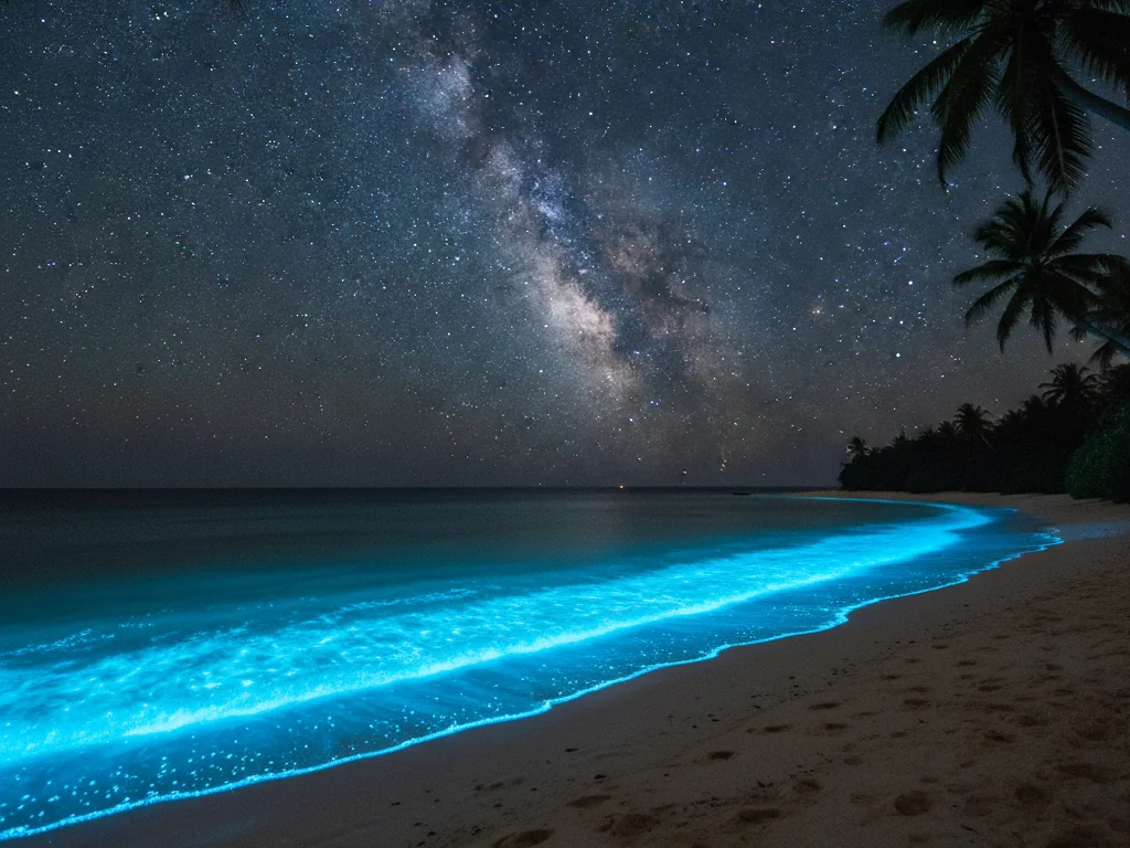 Vaadhoo Island's bioluminescent beach glowing electric blue under starlit tropical night sky.