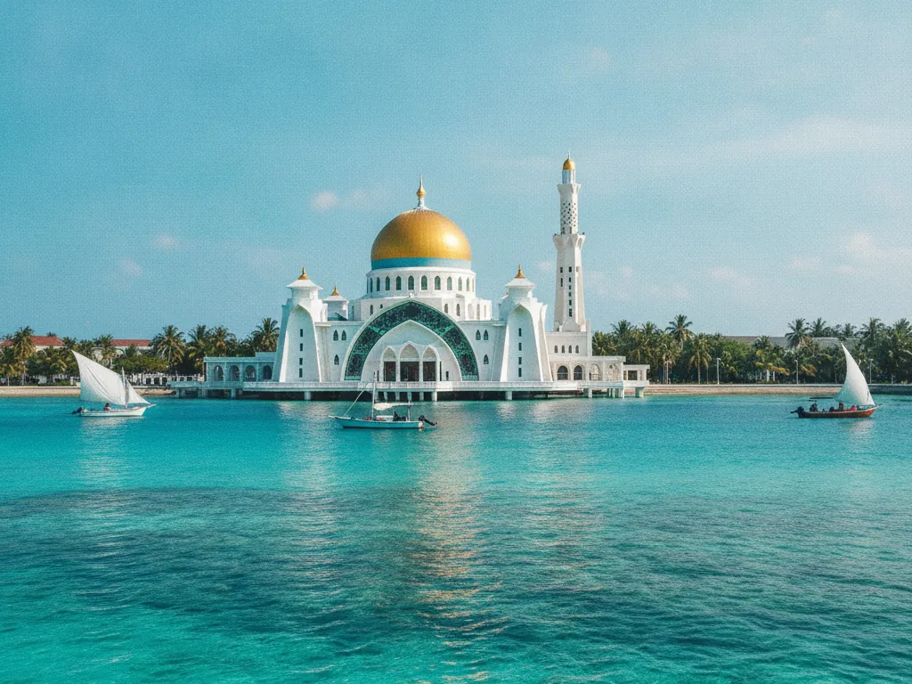 Malé's Grand Friday Mosque with golden dome gleaming against turquoise Indian Ocean waters.