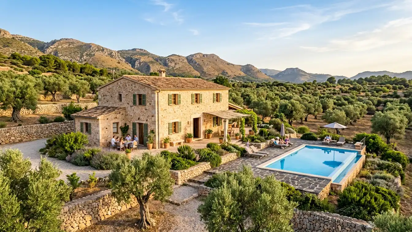 Traditional Mallorcan finca with pool surrounded by olive groves