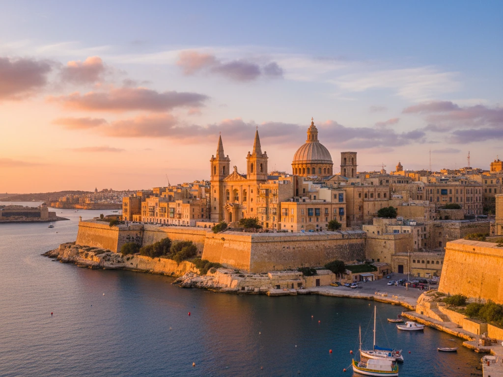 Golden sandstone walls and baroque domes of Valletta's Grand Harbour at sunset.