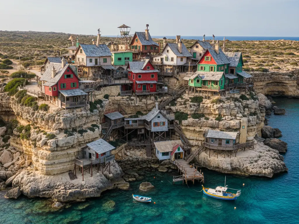 Popeye Village's colorful wooden houses perched on rocky cliffs at Anchor Bay.