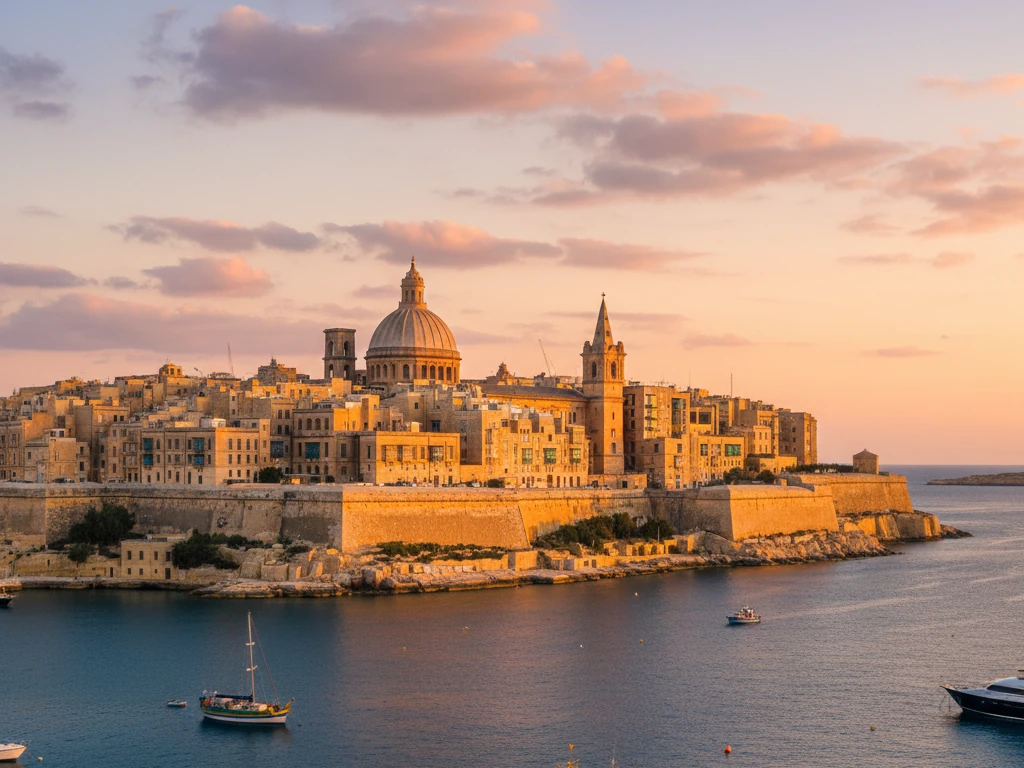 Golden sandstone walls and baroque domes of Valletta's Grand Harbour at sunset.