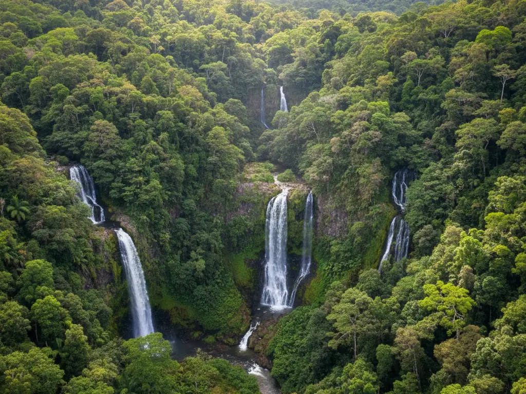Black River Gorges National Park dense tropical forest canopy with waterfalls and endemic trees.