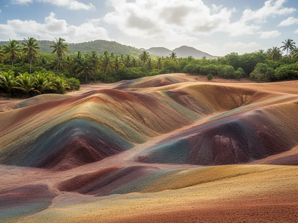 Chamarel Seven Coloured Earth dunes displaying red, brown, violet, green, blue, purple, yellow sands.