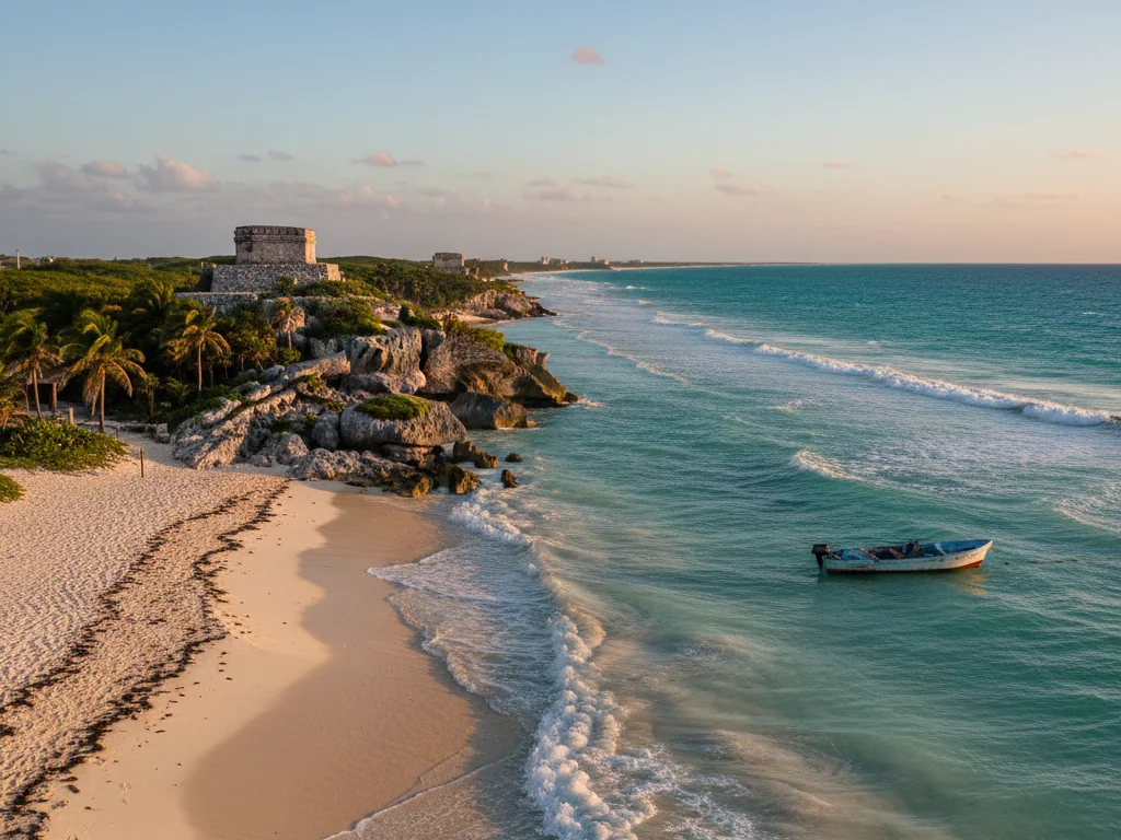 Turquoise waters and white sand beaches of Tulum's Caribbean coastline.