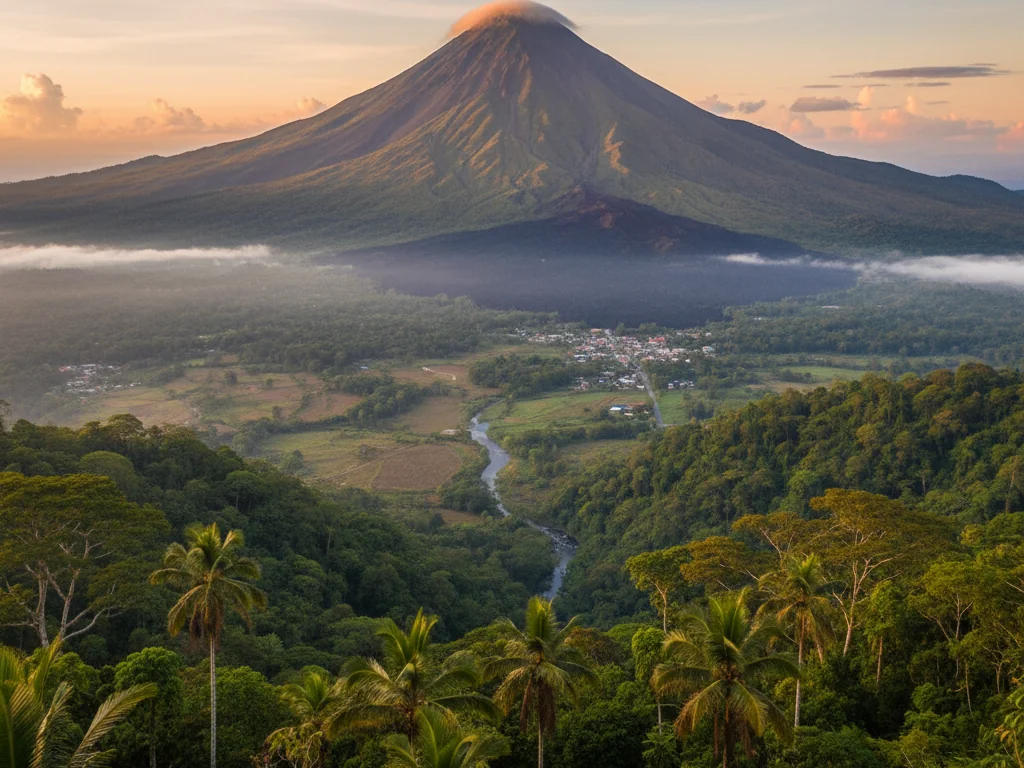 Arenal Volcano's perfect cone rising above lush rainforest and La Fortuna valley.