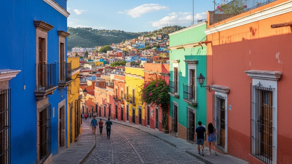 Colorful colonial buildings lining the cobblestone streets of Guanajuato's historic center.