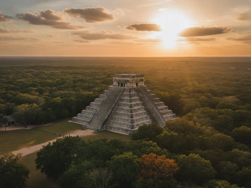 Chichen Itza pyramid rising above jungle canopy at golden hour in Yucatan.
