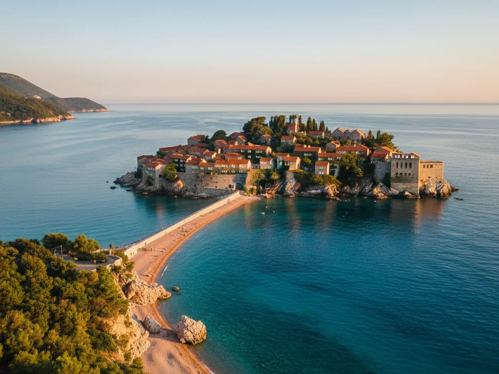 Sveti Stefan island fortress connected to mainland by narrow sandy causeway.