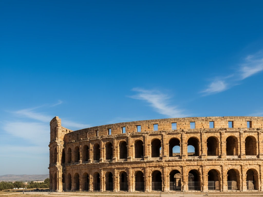The ancient Roman amphitheater of El Jem rises golden against the blue sky.