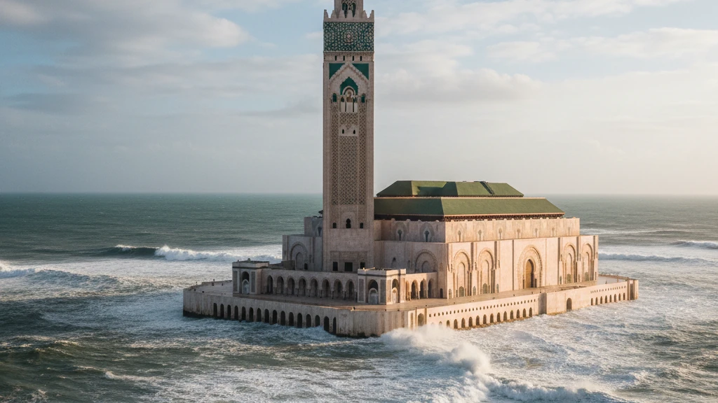 Towering Hassan II Mosque with ornate minaret rising above Atlantic Ocean waves in Casablanca.