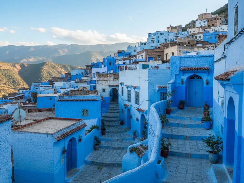 Blue-washed buildings and narrow winding alleyways cascading down slopes of Chefchaouen medina.