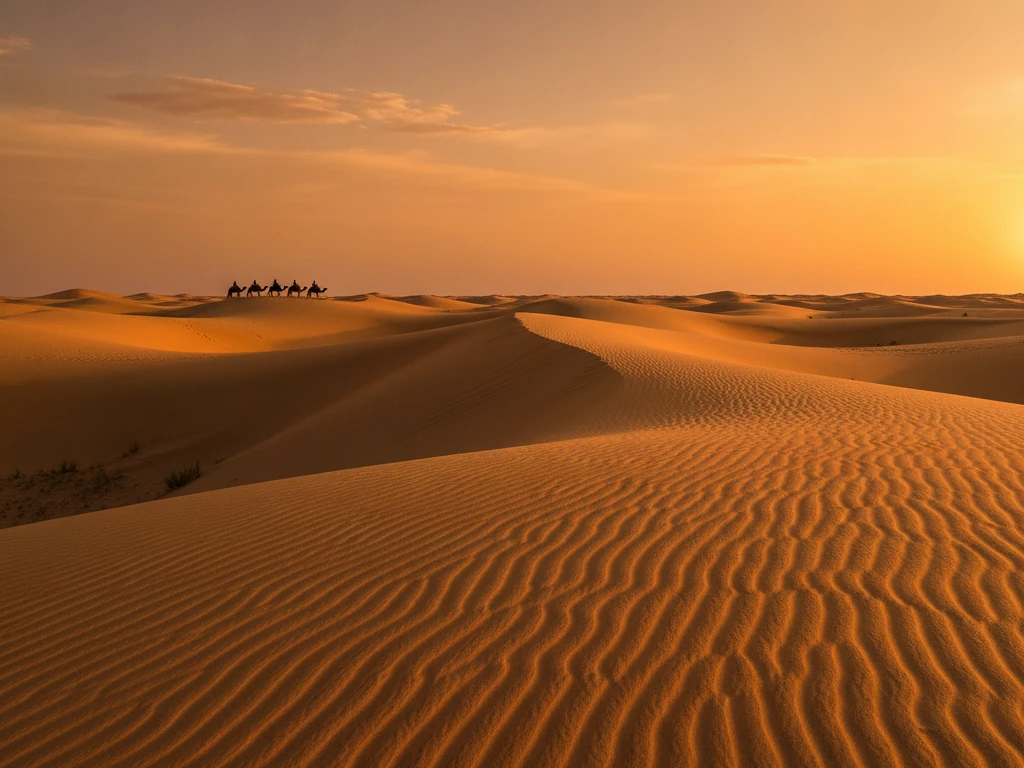 Golden sand dunes stretching endlessly across Erg Chebbi desert near Merzouga at sunset.