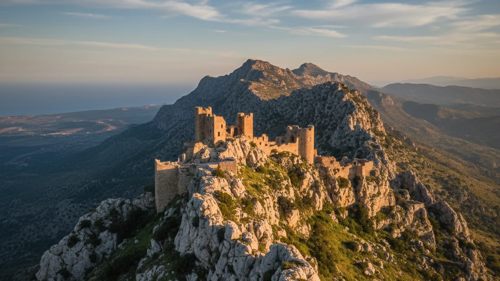 St. Hilarion Castle ruins perched dramatically on jagged Kyrenia mountain peaks.