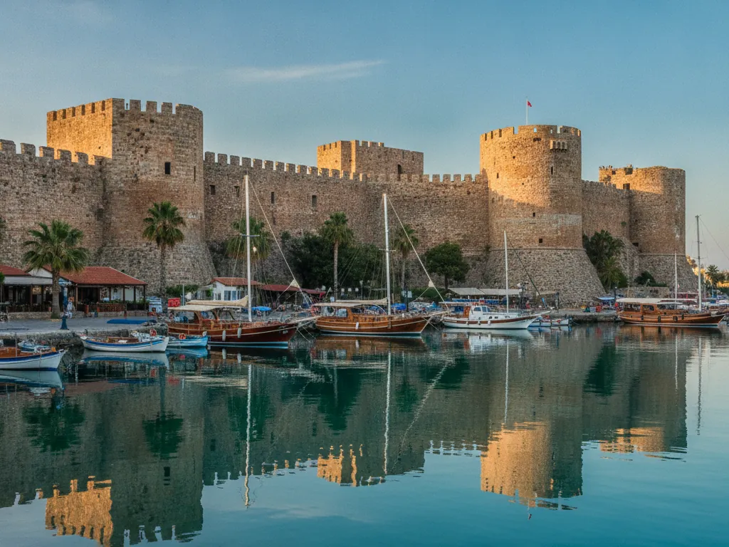 Kyrenia Harbor horseshoe bay with historic castle walls reflecting in calm waters.