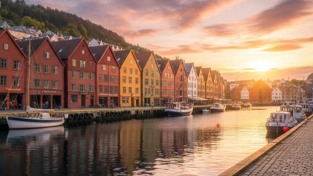 Bryggen's colorful wooden Hanseatic buildings lining Bergen's historic harbor waterfront at sunset.