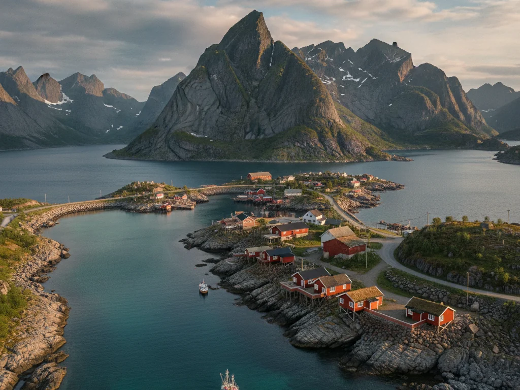 Lofoten Islands' red fishing cabins dotting dramatic coastal mountains and turquoise bays.