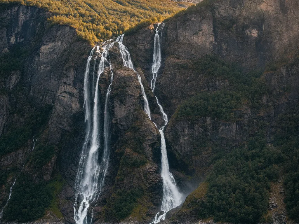 Geirangerfjord's steep cliffs towering above deep blue waters with cascading waterfalls.