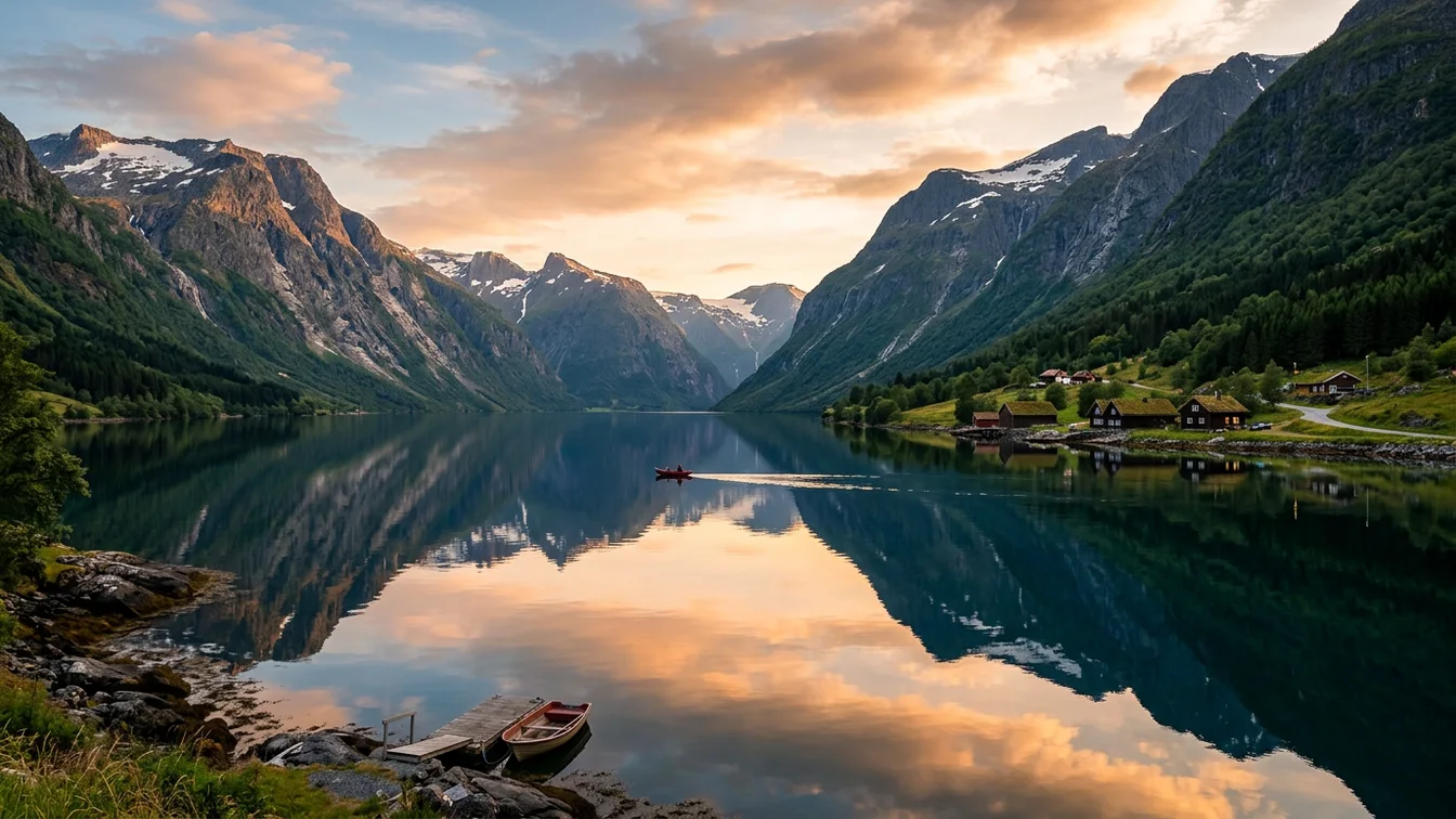 Dramatic Norwegian fjord with mountains and waterfalls
