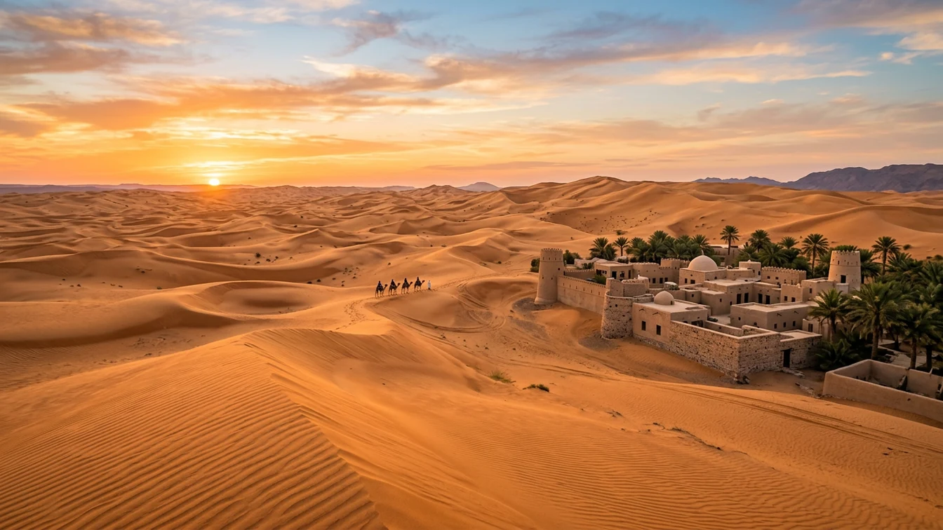Omani desert landscape with traditional fort