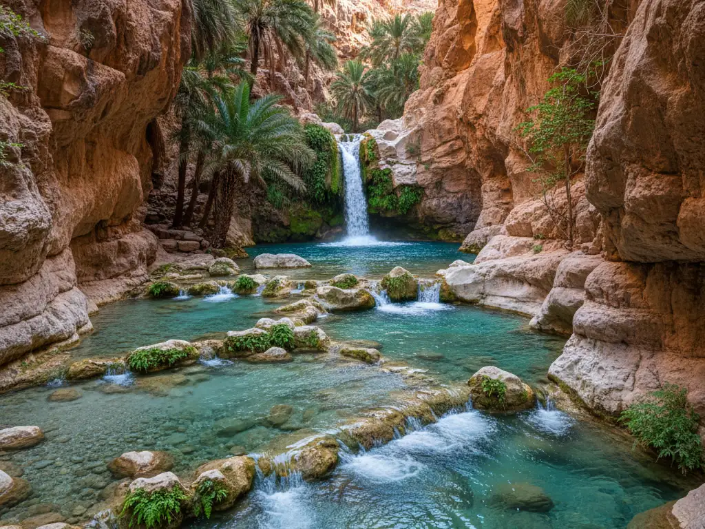 Wadi Shab's turquoise pools and narrow canyon walls with waterfall at the end.