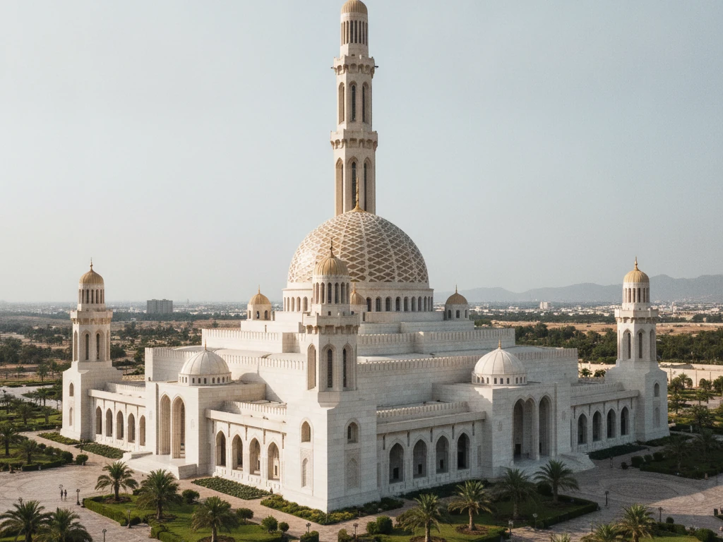 Sultan Qaboos Grand Mosque with white marble domes and golden central minaret gleaming.