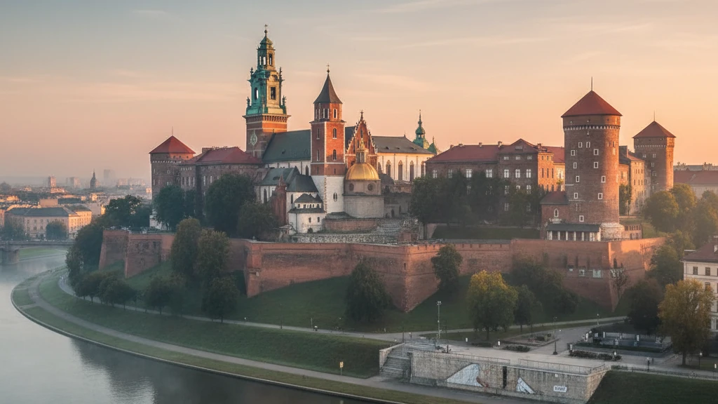 Wawel Castle's red brick towers and golden dome rising above the Vistula River in Kraków.