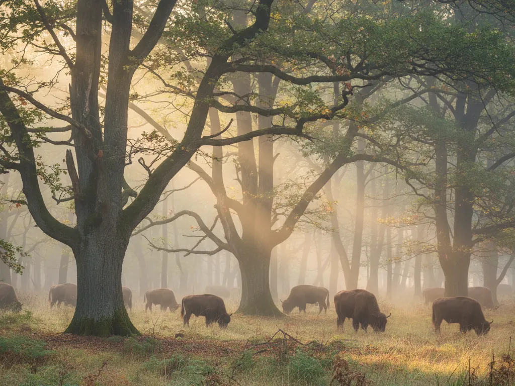 Białowieża Forest's ancient oak trees and European bison grazing in misty morning light.