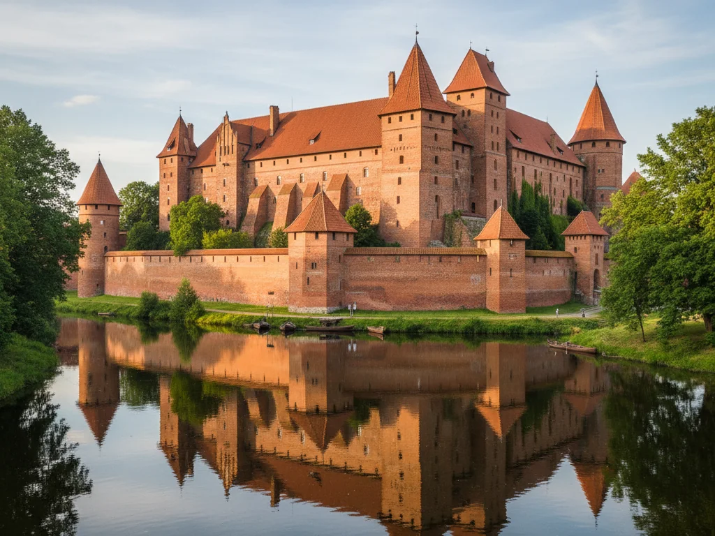 Malbork Castle's massive red brick fortress walls reflecting in the Nogat River waters.