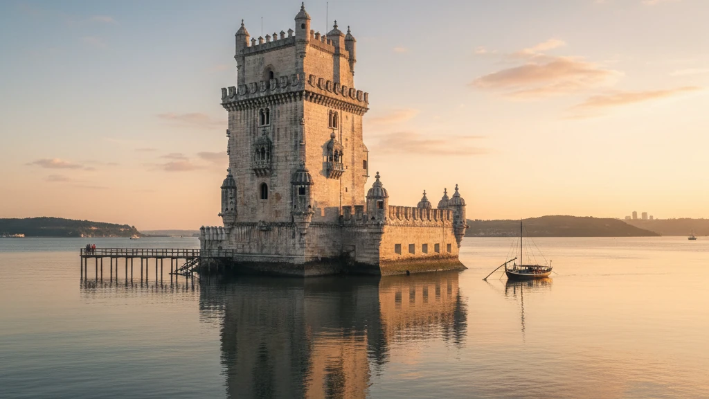 Belém Tower standing in the Tagus River with Manueline architecture details at sunrise.