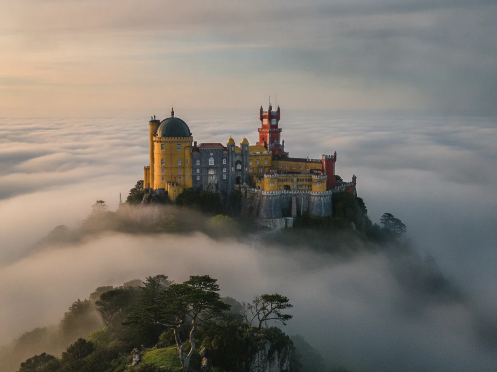 Pena Palace's colorful yellow and red walls rising above misty Sintra mountains.
