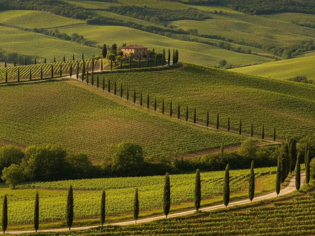Rolling green hills of Tuscany with cypress trees and vineyards.