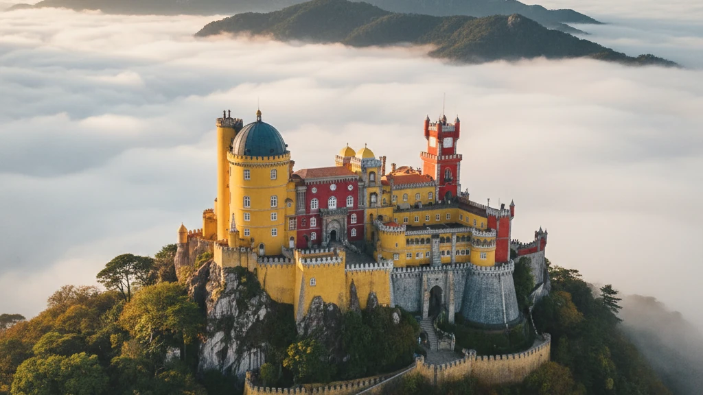 Pena Palace's colorful yellow and red walls rising above misty Sintra mountains.