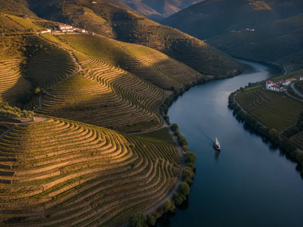 Douro Valley's terraced vineyards cascading down steep hillsides toward the winding river.