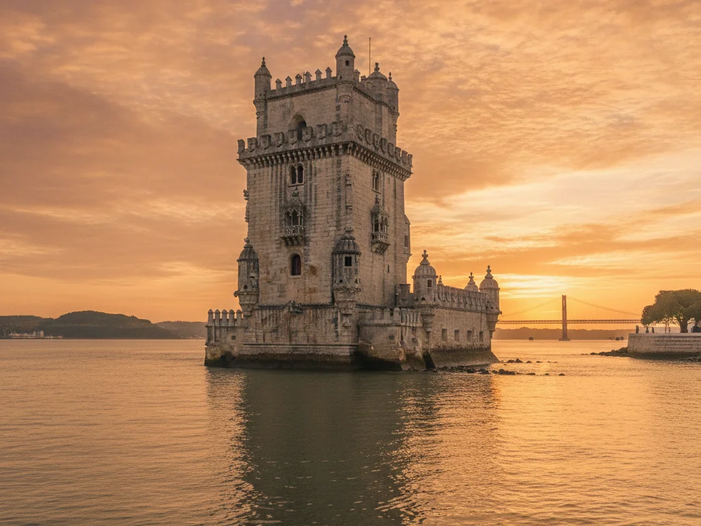 Belém Tower standing in the Tagus River with Manueline architecture details at sunrise.
