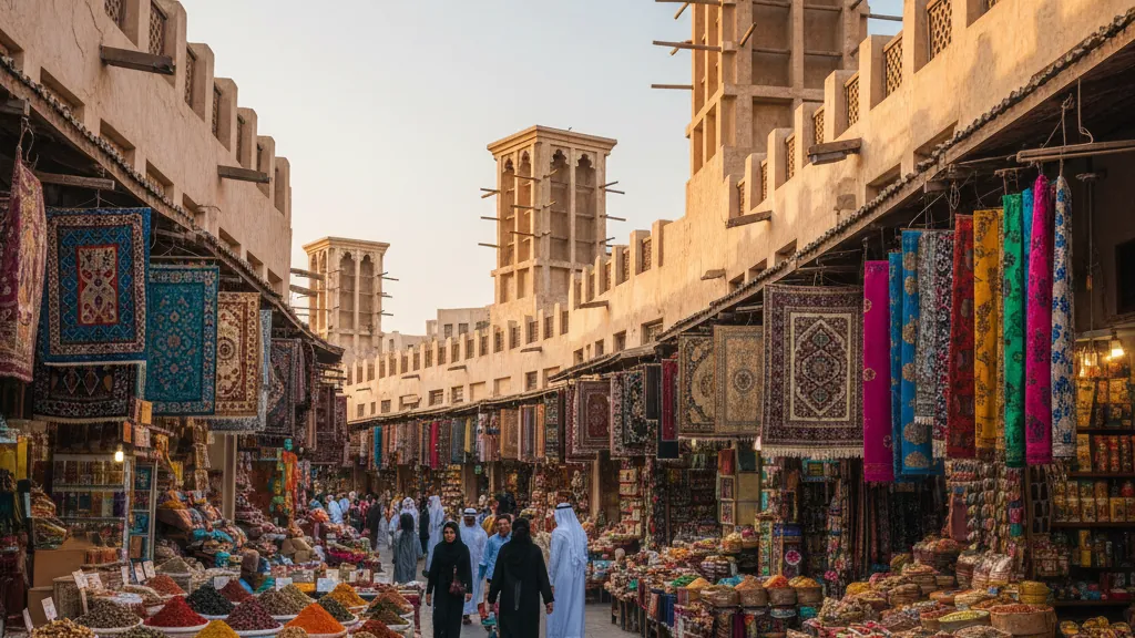 Souq Waqif's traditional wind towers and winding alleyways filled with colorful spices and textiles.