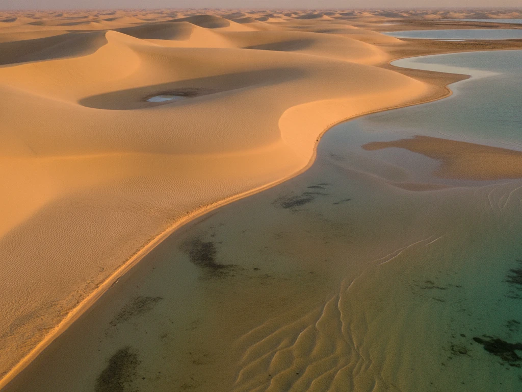 Inland Sea's golden sand dunes meeting turquoise tidal waters at Khor Al Adaid.