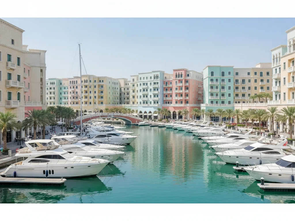 The Pearl-Qatar's marina with white luxury yachts docked along Venetian-style pastel buildings.