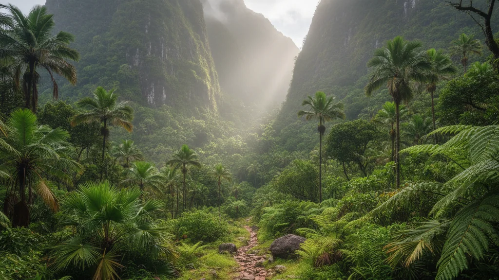 Morne Seychellois National Park misty rainforest trails through mountainous terrain and endemic vegetation.