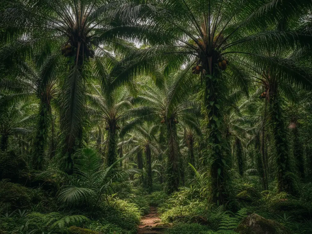 Vallée de Mai palm forest with ancient coco de mer palms on Praslin Island.