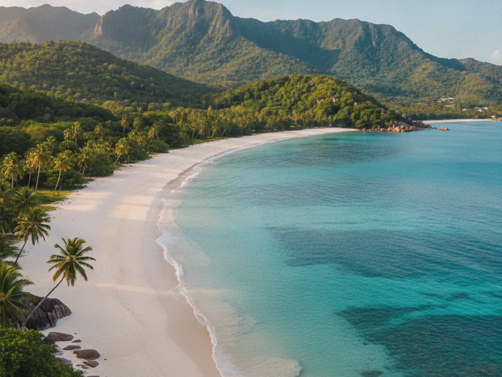 Beau Vallon Bay white sand beach with calm waters and lush green mountain backdrop.
