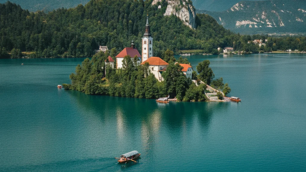 Lake Bled with island church and medieval castle perched on dramatic cliff overlooking turquoise water.