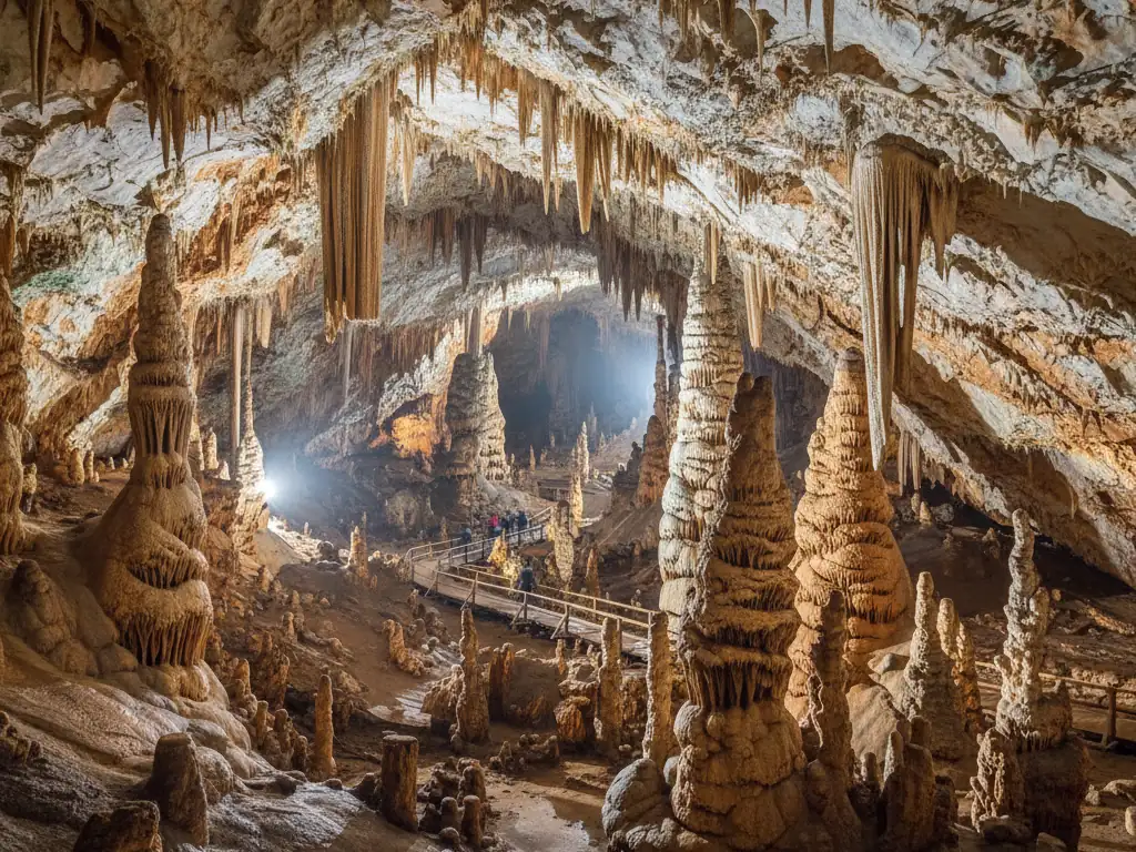 Postojna Cave's vast underground chambers with spectacular stalactites, stalagmites, and illuminated limestone formations.