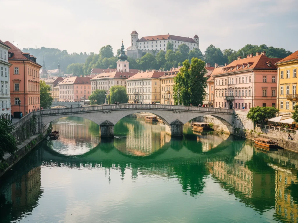 Ljubljana's Triple Bridge spanning emerald Ljubljanica River with colorful baroque buildings and castle above.