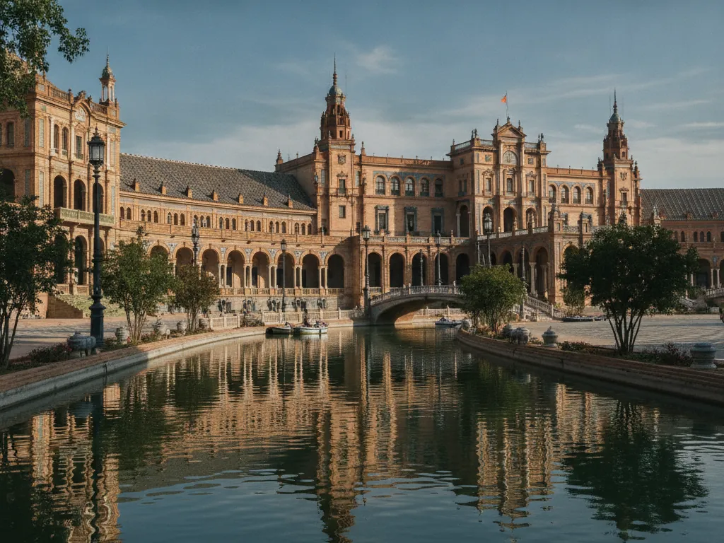 Plaza de España's semicircular brick building and ceramic-tiled alcoves reflected in canal waters.