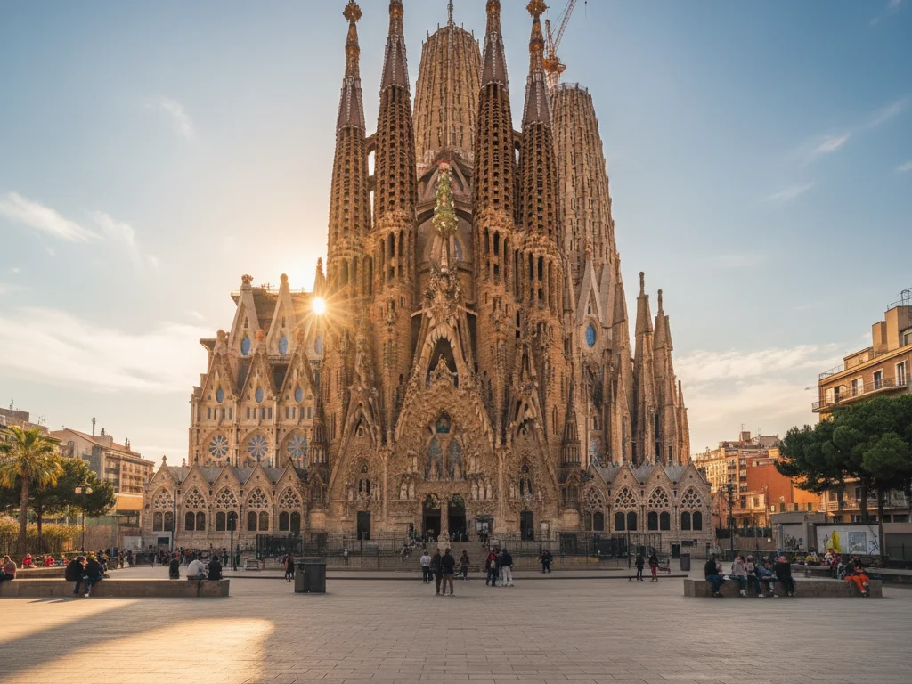Sagrada Familia's towering spires and intricate stone facades glowing under Barcelona's golden afternoon light.